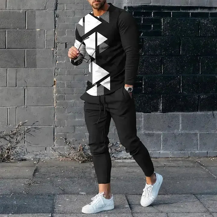 Men's Long Sleeve T-shirts and Pants Two Piece Colored Retro Geometry 3D Printed Men's Sets Casual Suit nike tech fleece