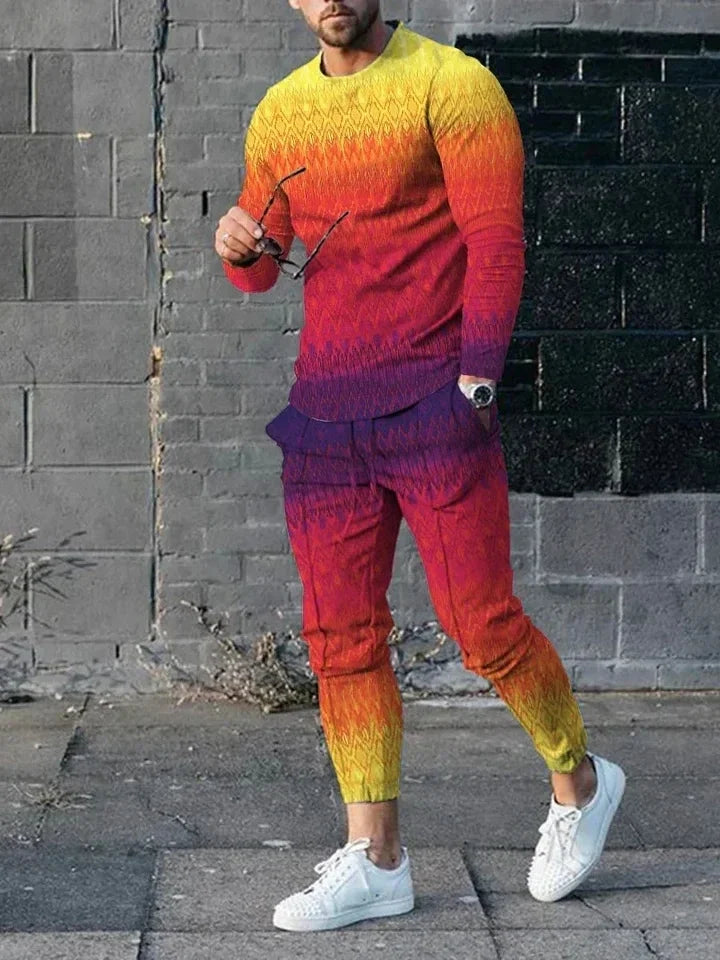 Men's Long Sleeve T-shirts and Pants Two Piece Colored Retro Geometry 3D Printed Men's Sets Casual Suit nike tech fleece