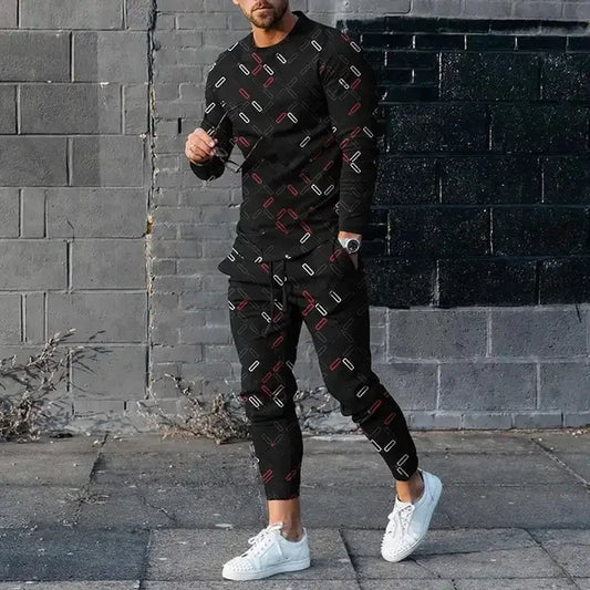 Men's Long Sleeve T-shirts and Pants Two Piece Colored Retro Geometry  3D Printed Men's Sets Casual Suit nike tech fleece