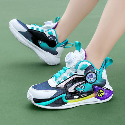 Children Basketball Shoes Rotating Buckle Wear-Resistant Fashion Casual Sneakers Soft Soled Flat Training Sports Shoes for Kids