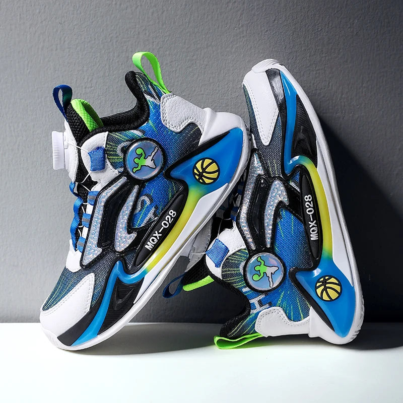 Children Basketball Shoes Rotating Buckle Wear-Resistant Fashion Casual Sneakers Soft Soled Flat Training Sports Shoes for Kids