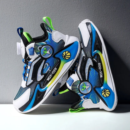 Children Basketball Shoes Rotating Buckle Wear-Resistant Fashion Casual Sneakers Soft Soled Flat Training Sports Shoes for Kids