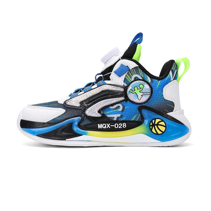 Children Basketball Shoes Rotating Buckle Wear-Resistant Fashion Casual Sneakers Soft Soled Flat Training Sports Shoes for Kids
