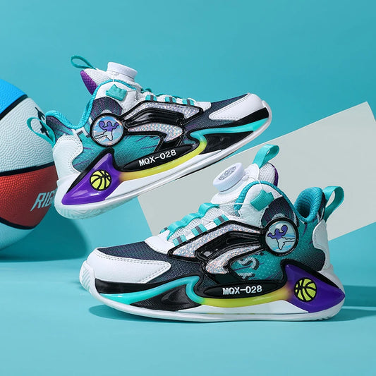 Children Basketball Shoes Rotating Buckle Wear-Resistant Fashion Casual Sneakers Soft Soled Flat Training Sports Shoes for Kids