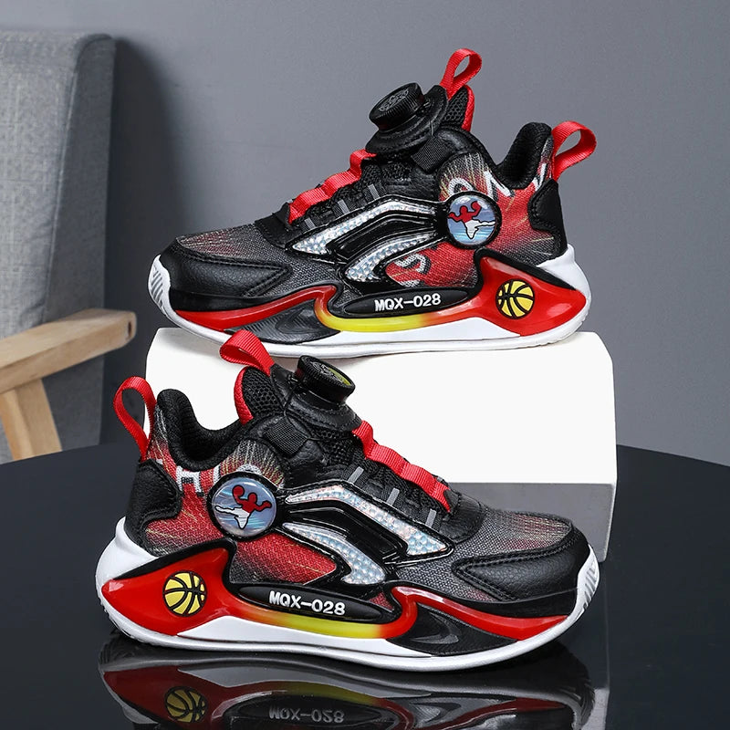 Children Basketball Shoes Rotating Buckle Wear-Resistant Fashion Casual Sneakers Soft Soled Flat Training Sports Shoes for Kids
