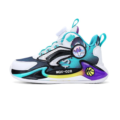 Children Basketball Shoes Rotating Buckle Wear-Resistant Fashion Casual Sneakers Soft Soled Flat Training Sports Shoes for Kids