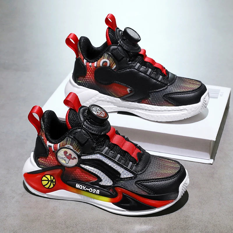 Children Basketball Shoes Rotating Buckle Wear-Resistant Fashion Casual Sneakers Soft Soled Flat Training Sports Shoes for Kids