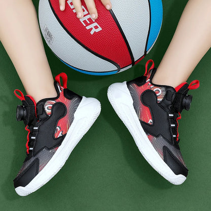 Children Basketball Shoes Rotating Buckle Wear-Resistant Fashion Casual Sneakers Soft Soled Flat Training Sports Shoes for Kids