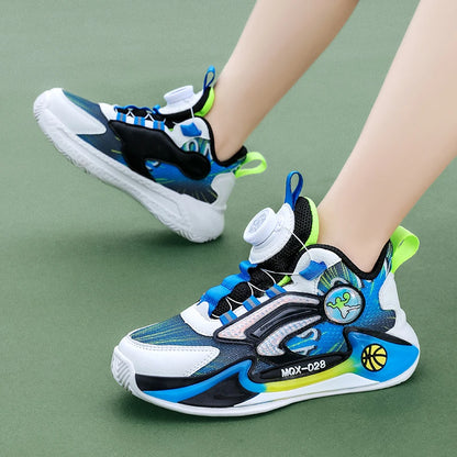Children Basketball Shoes Rotating Buckle Wear-Resistant Fashion Casual Sneakers Soft Soled Flat Training Sports Shoes for Kids