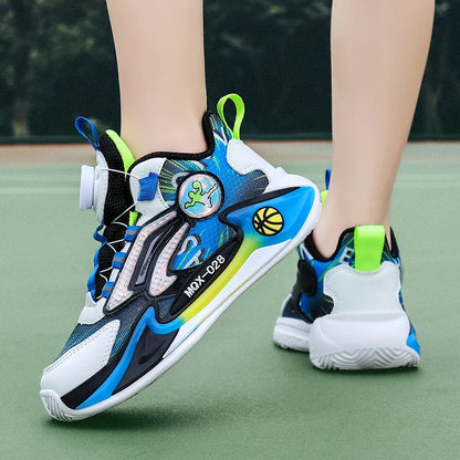 Children Basketball Shoes Rotating Buckle Wear-Resistant Fashion Casual Sneakers Soft Soled Flat Training Sports Shoes for Kids