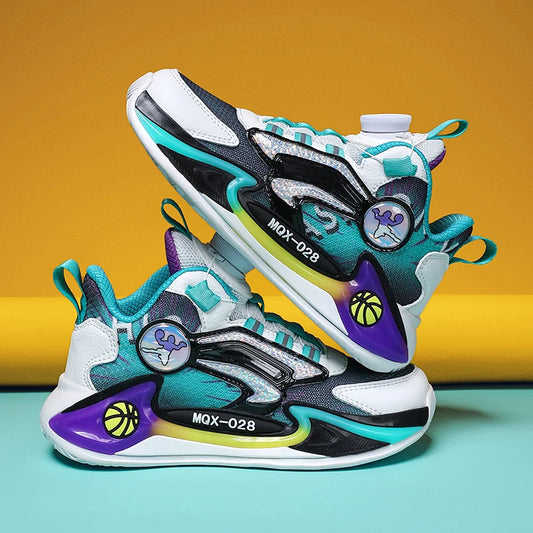 Children Basketball Shoes Rotating Buckle Wear-Resistant Fashion Casual Sneakers Soft Soled Flat Training Sports Shoes for Kids