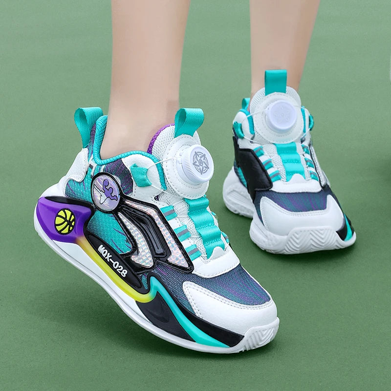 Children Basketball Shoes Rotating Buckle Wear-Resistant Fashion Casual Sneakers Soft Soled Flat Training Sports Shoes for Kids