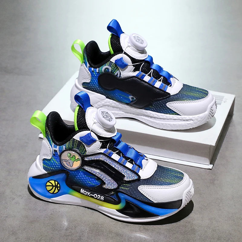 Children Basketball Shoes Rotating Buckle Wear-Resistant Fashion Casual Sneakers Soft Soled Flat Training Sports Shoes for Kids
